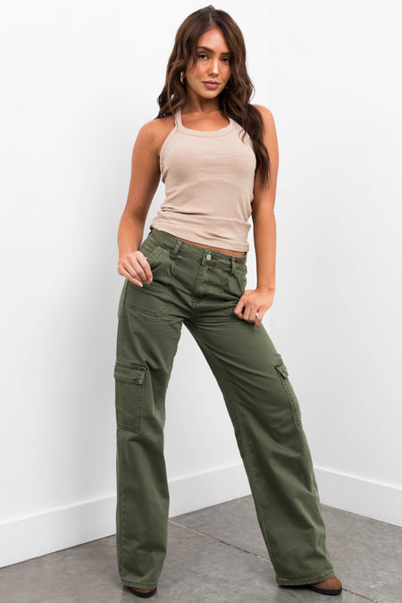 Army Green High Rise Wide Leg Cargo Jeans