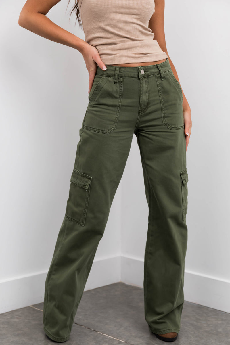 Army Green High Rise Wide Leg Cargo Jeans