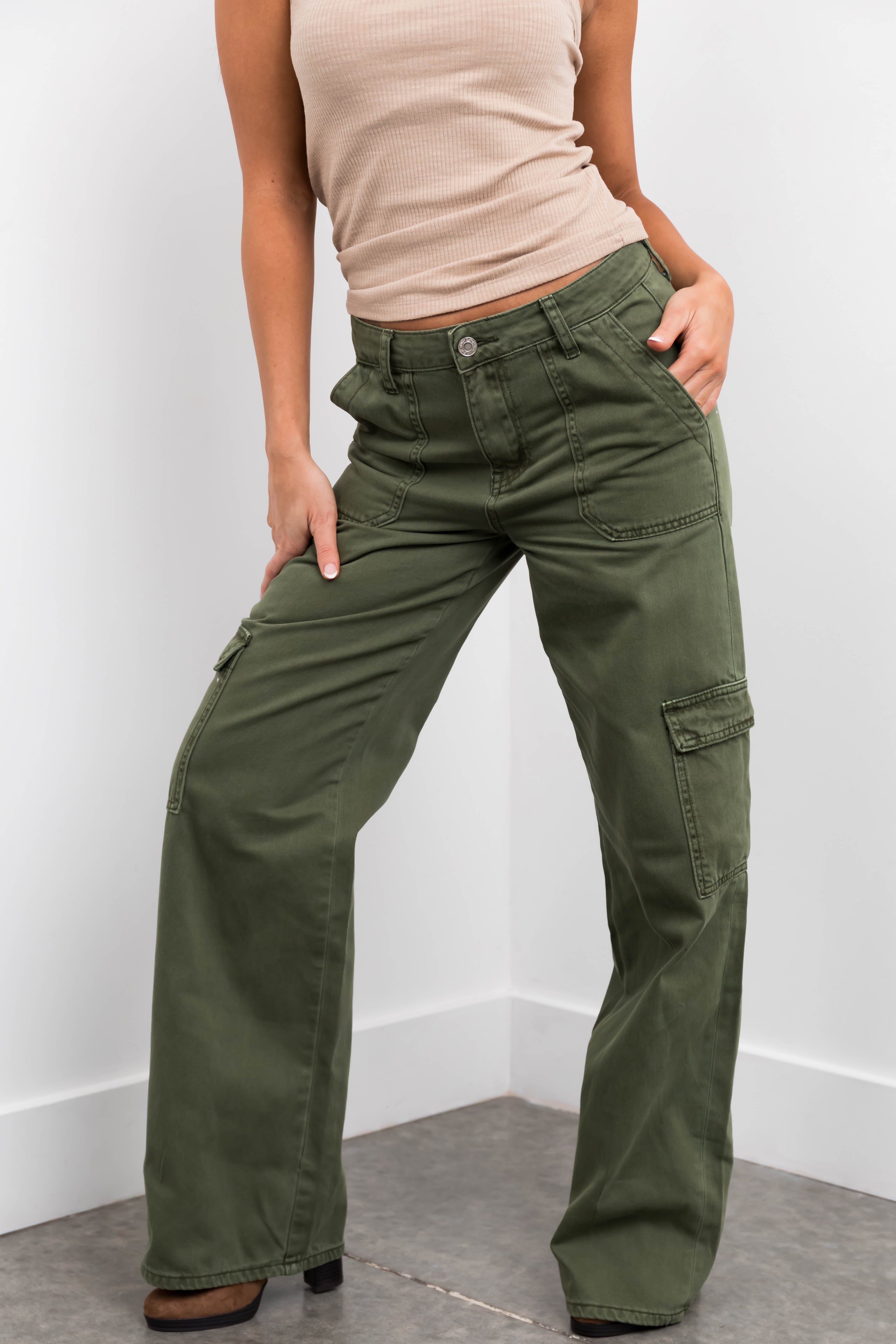 Army Green High Rise Wide Leg Cargo Jeans