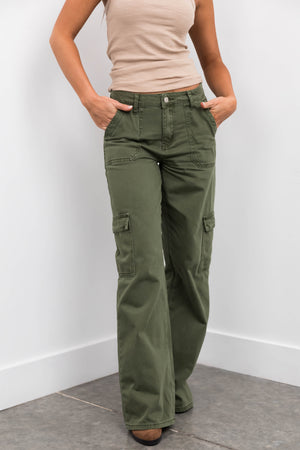 Army Green High Rise Wide Leg Cargo Jeans