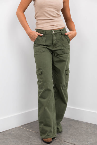 Army Green High Rise Wide Leg Cargo Jeans