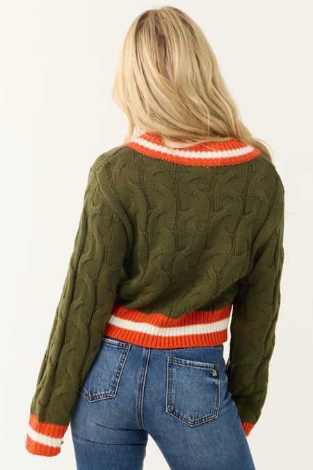 Army Green Knit Contrast Stripe Trim Sweater