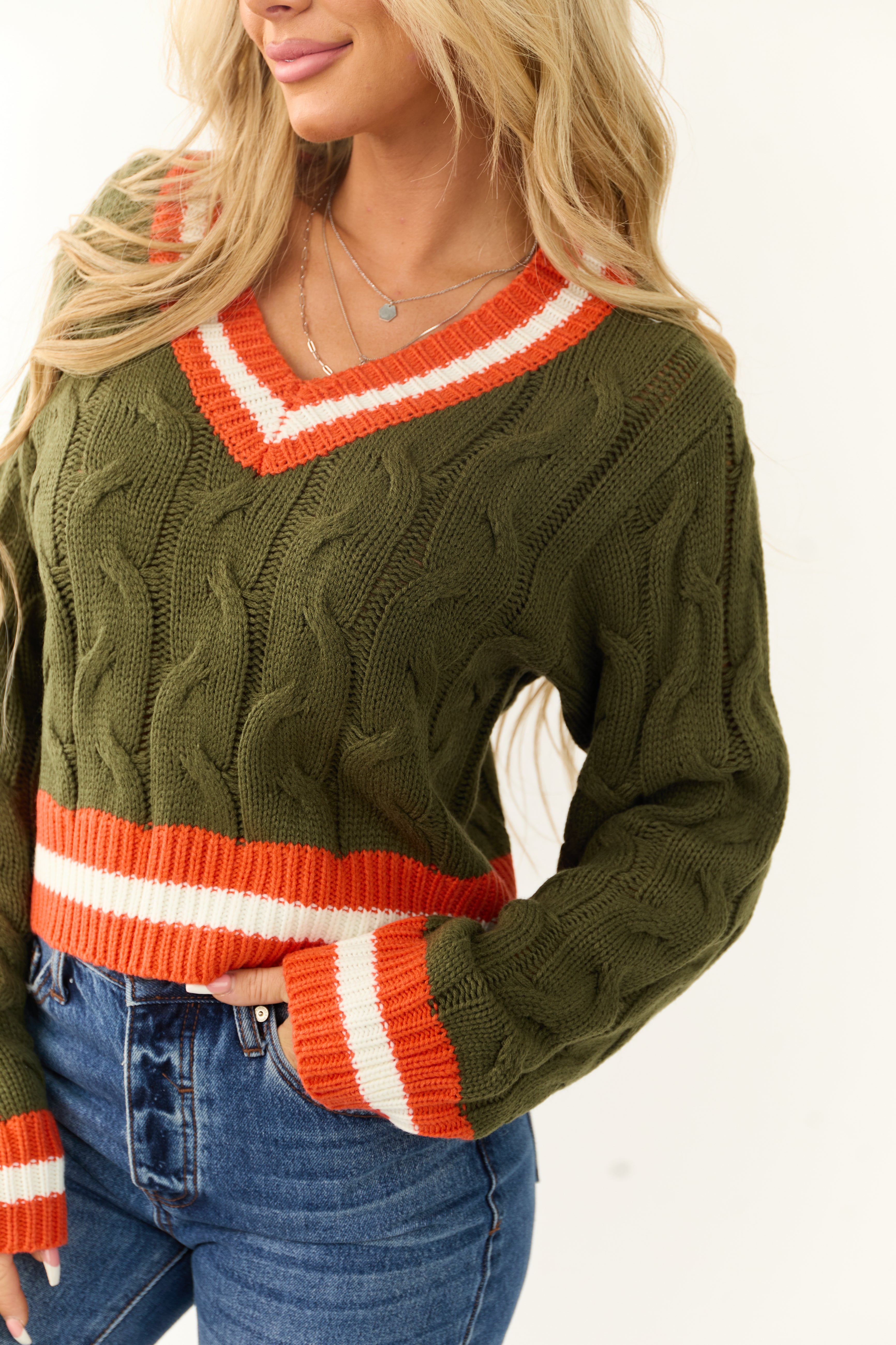 Army Green Knit Contrast Stripe Trim Sweater