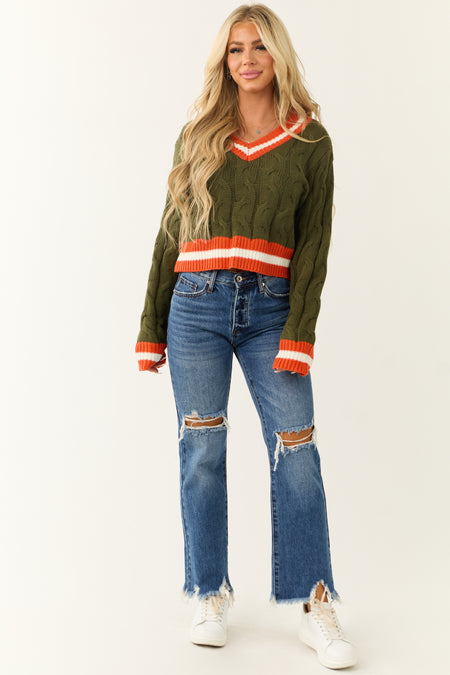 Army Green Knit Contrast Stripe Trim Sweater