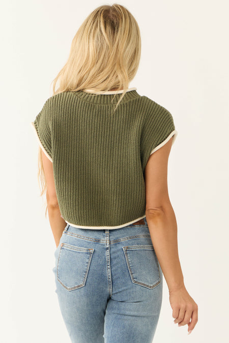 Army Green Knit Contrast Trim Top