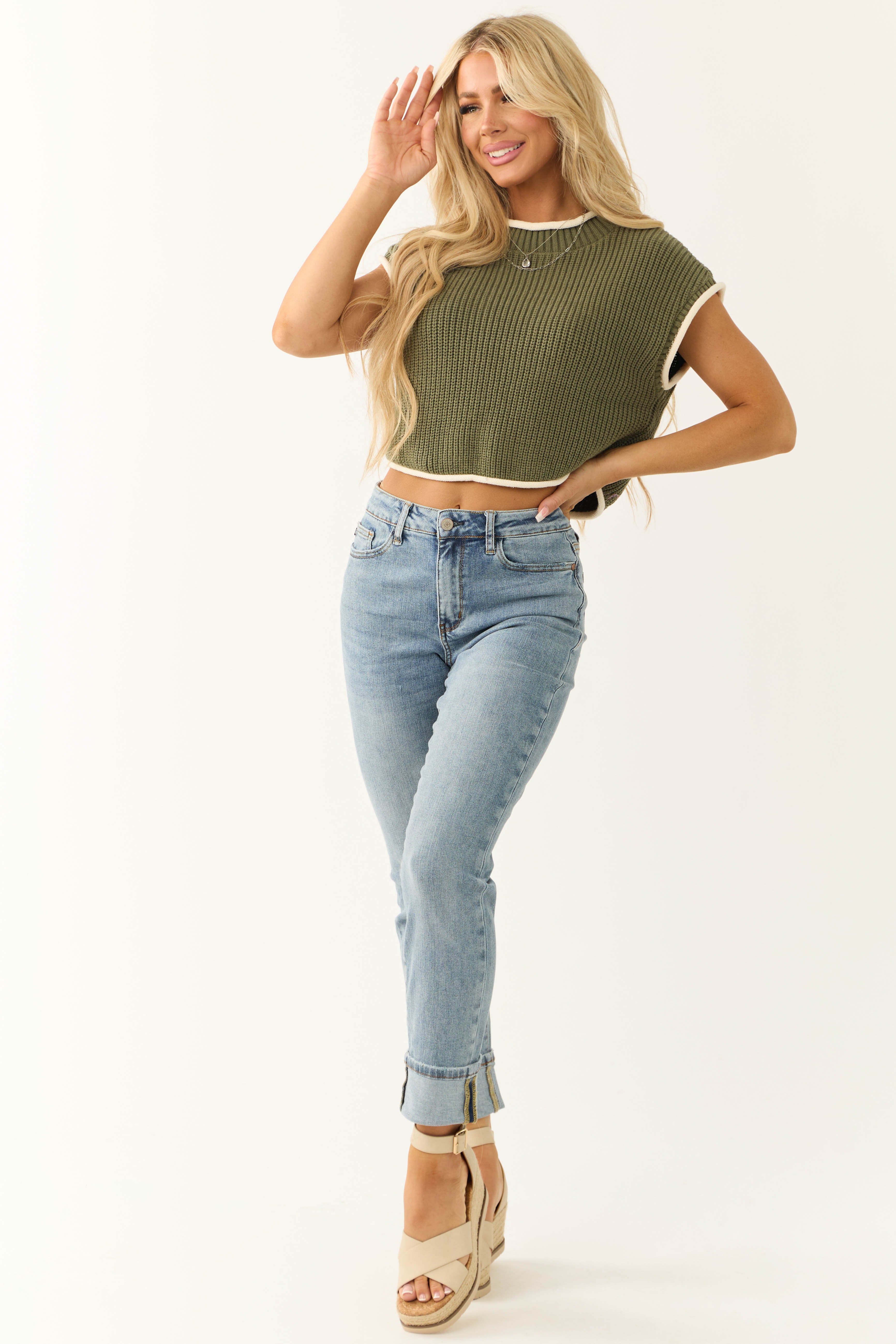 Army Green Knit Contrast Trim Top