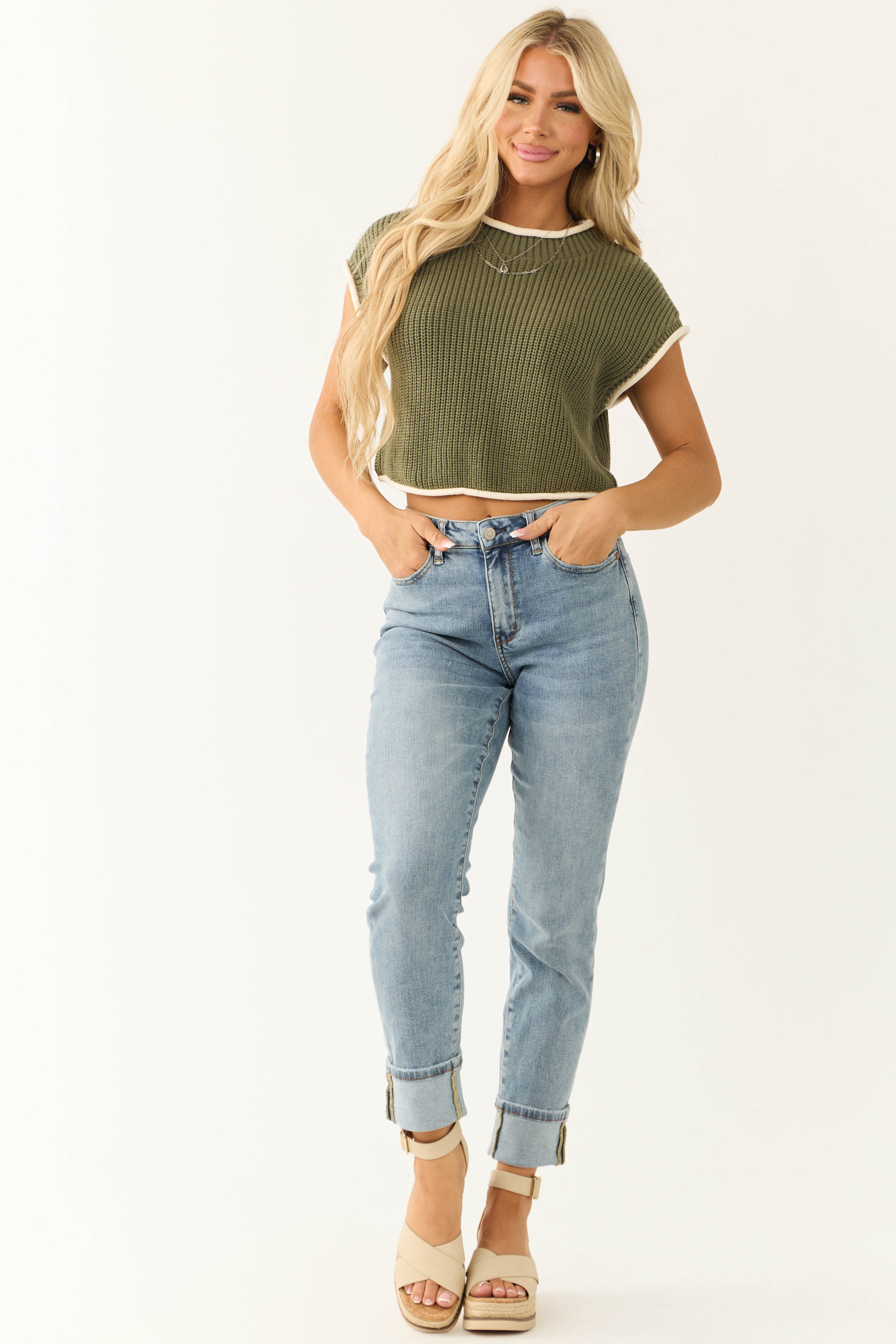 Army Green Knit Contrast Trim Top