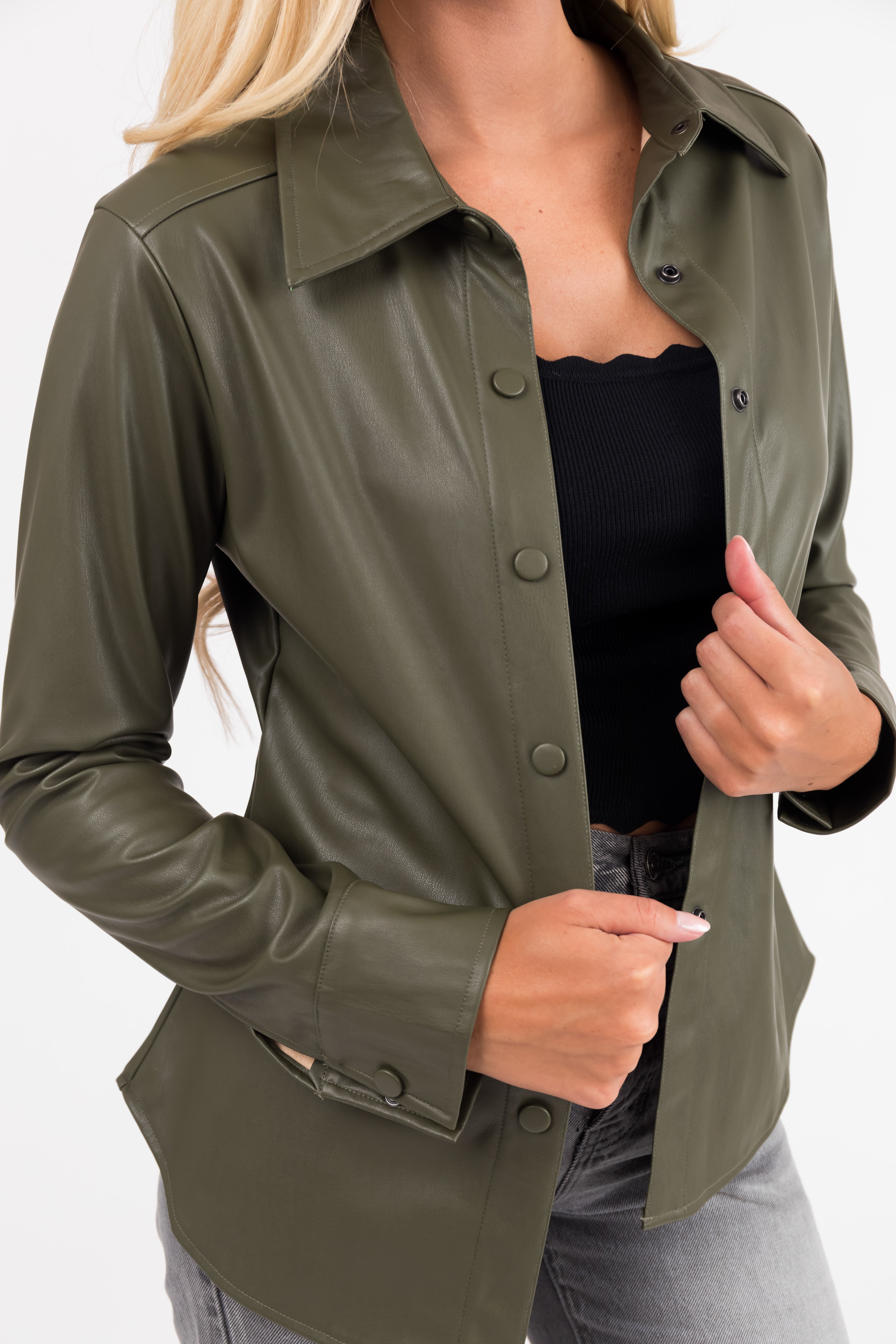 Army Green Long Sleeve Faux Leather Shirt