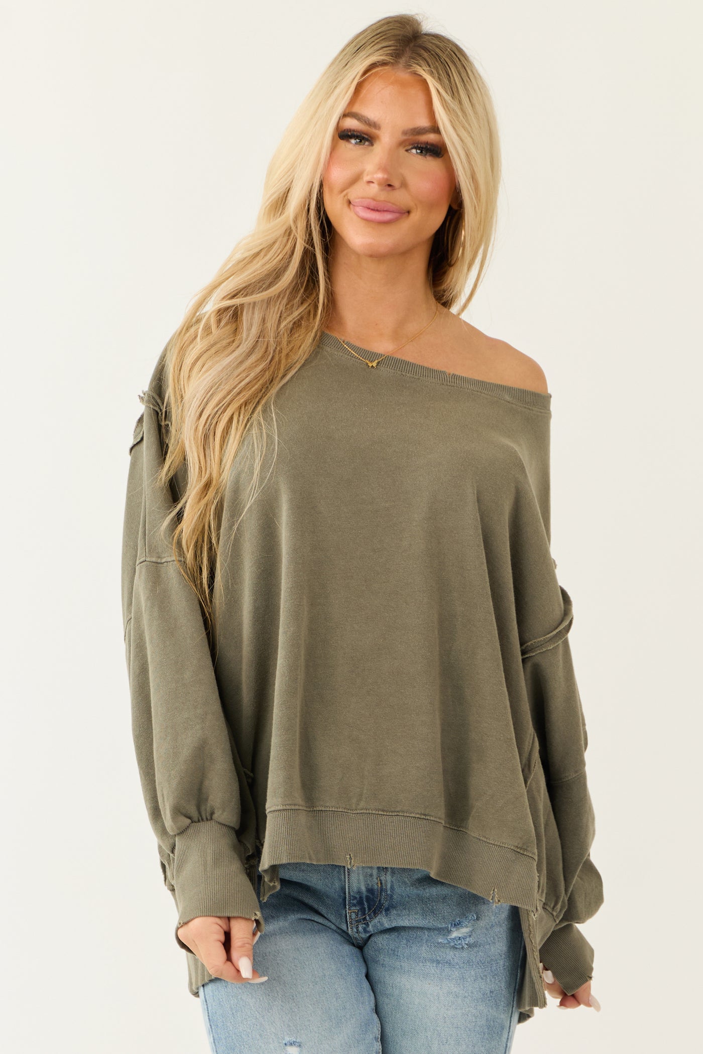 Army Green Oversized Boatneck Knit Top