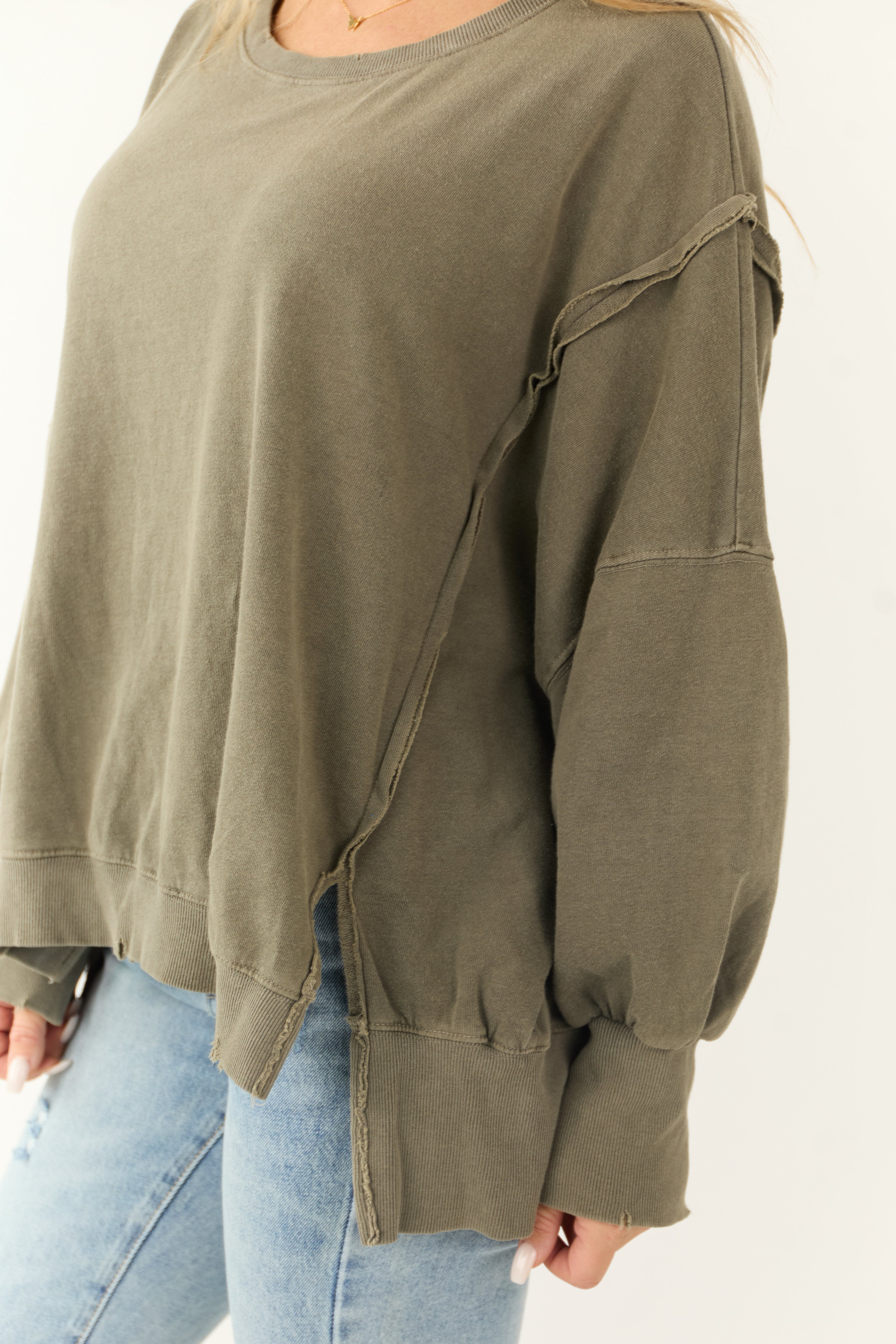 Army Green Oversized Boatneck Knit Top