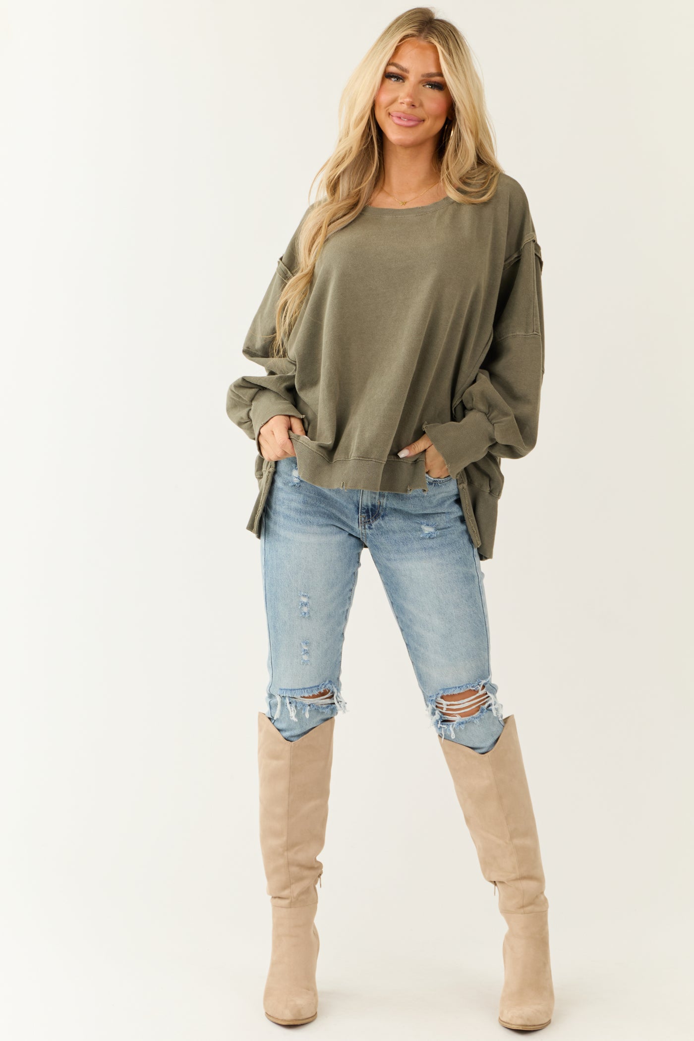 Army Green Oversized Boatneck Knit Top