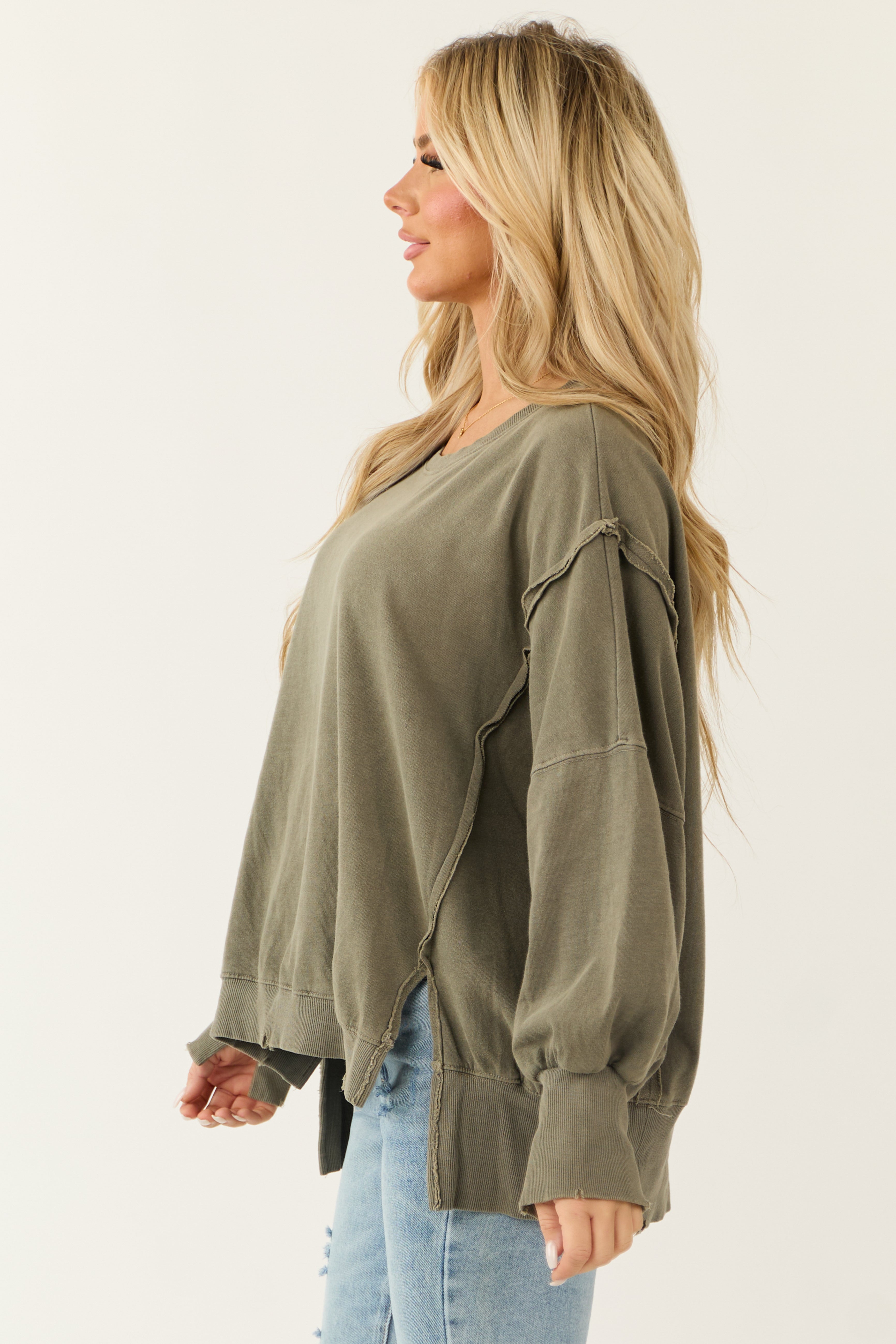 Army Green Oversized Boatneck Knit Top