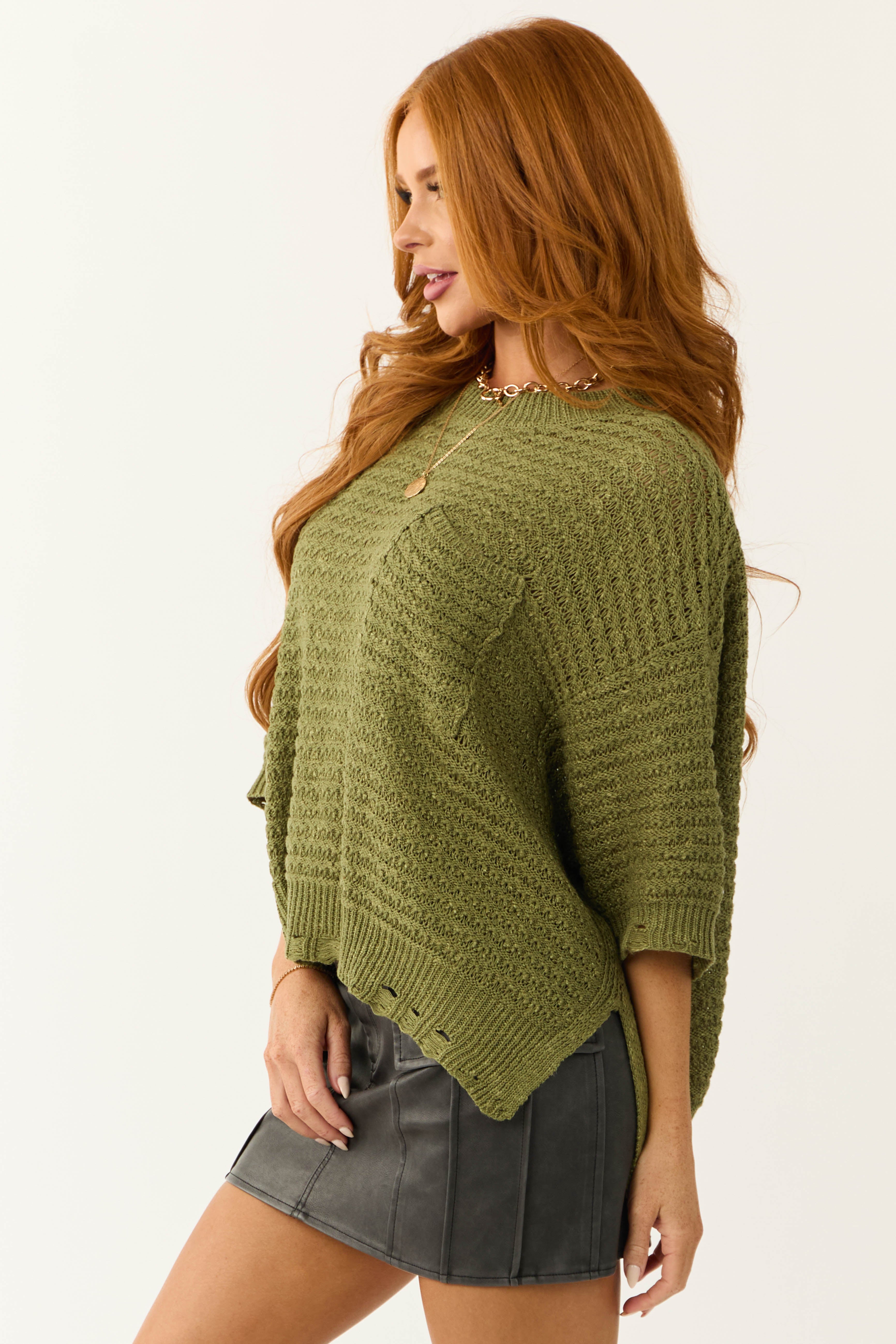 Army Green Oversized Knit Half Sleeve Top