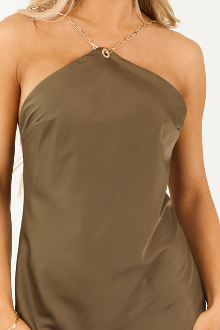 Army Green Satin Halter Gold Chain Mini Dress