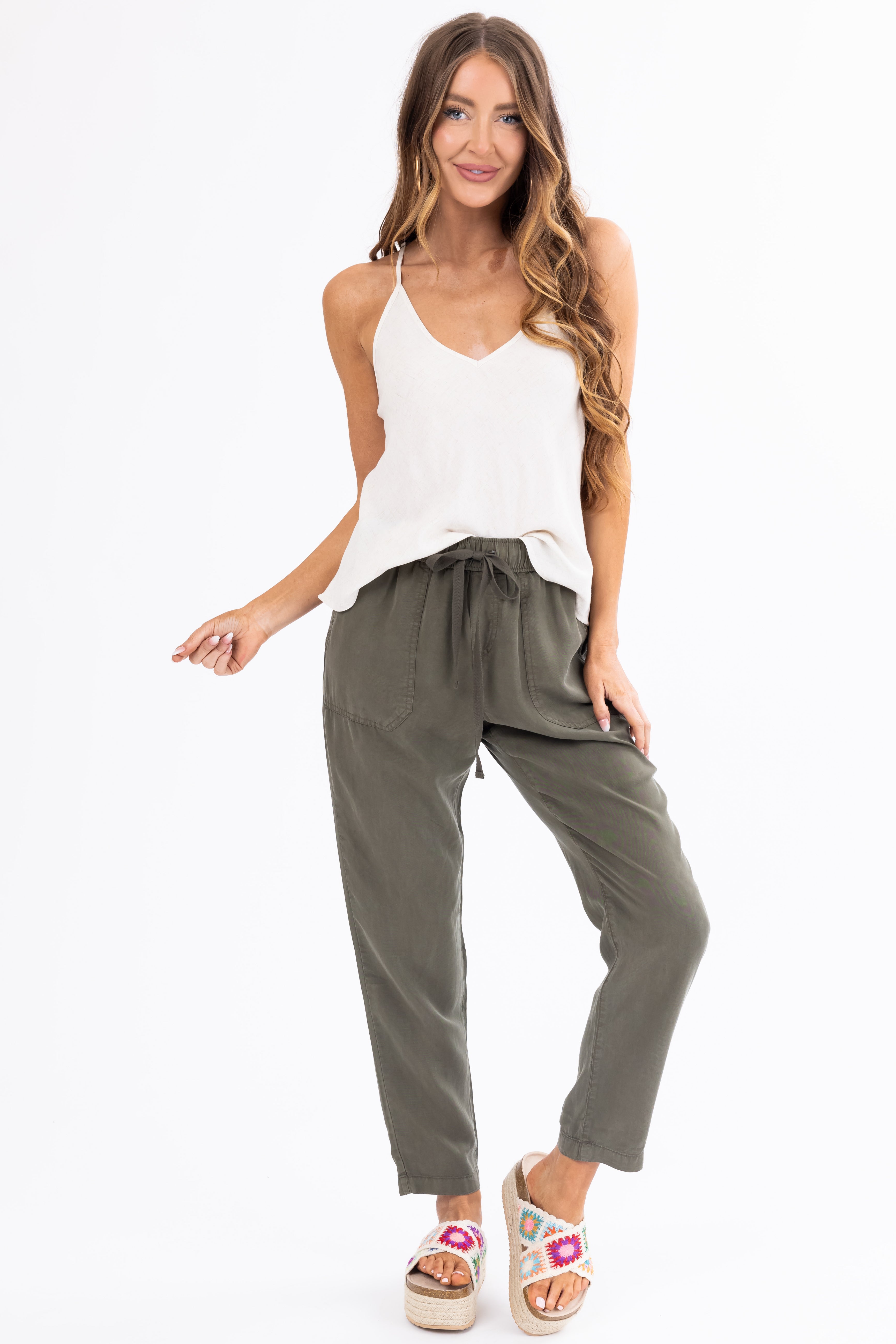 Army Green Straight Leg Drawstring Soft Pants