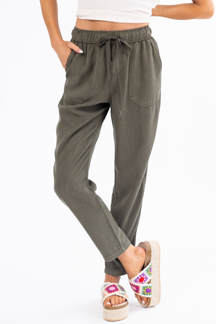 Army Green Straight Leg Drawstring Soft Pants