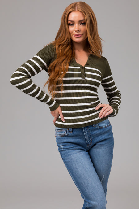 Army Green Striped Long Sleeve Ribbed Knit Top