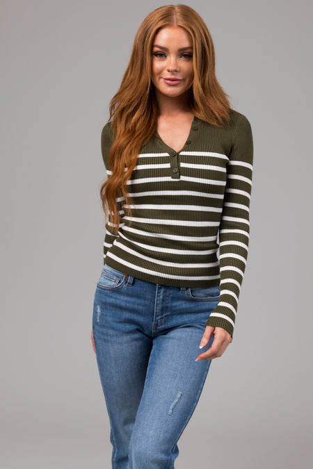 Army Green Striped Long Sleeve Ribbed Knit Top