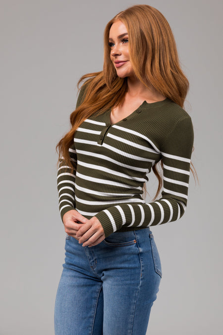 Army Green Striped Long Sleeve Ribbed Knit Top