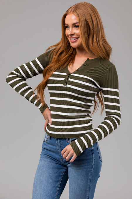 Army Green Striped Long Sleeve Ribbed Knit Top