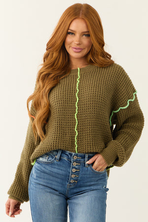 Army Green Waffle Knit Sweater with Neon Accents