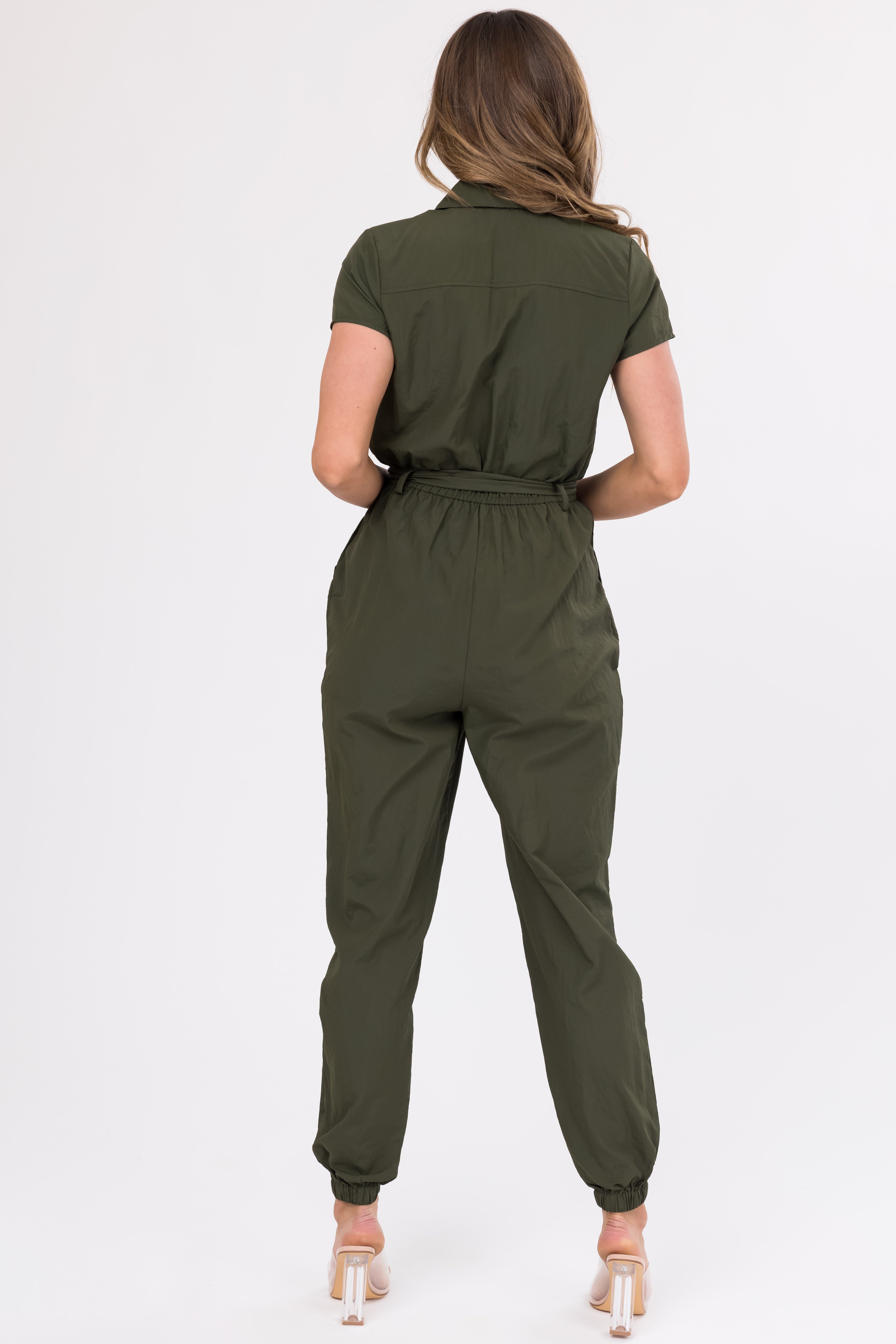 Army Green Zip Up Waist Tie Collared Jumpsuit