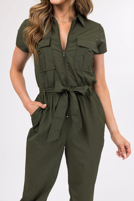 Army Green Zip Up Waist Tie Collared Jumpsuit