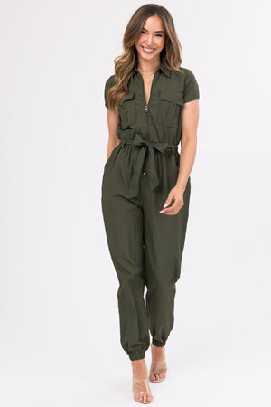 Army Green Zip Up Waist Tie Collared Jumpsuit