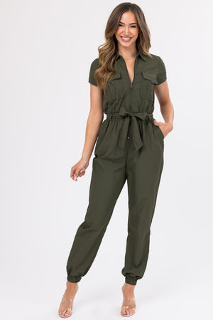 Army Green Zip Up Waist Tie Collared Jumpsuit