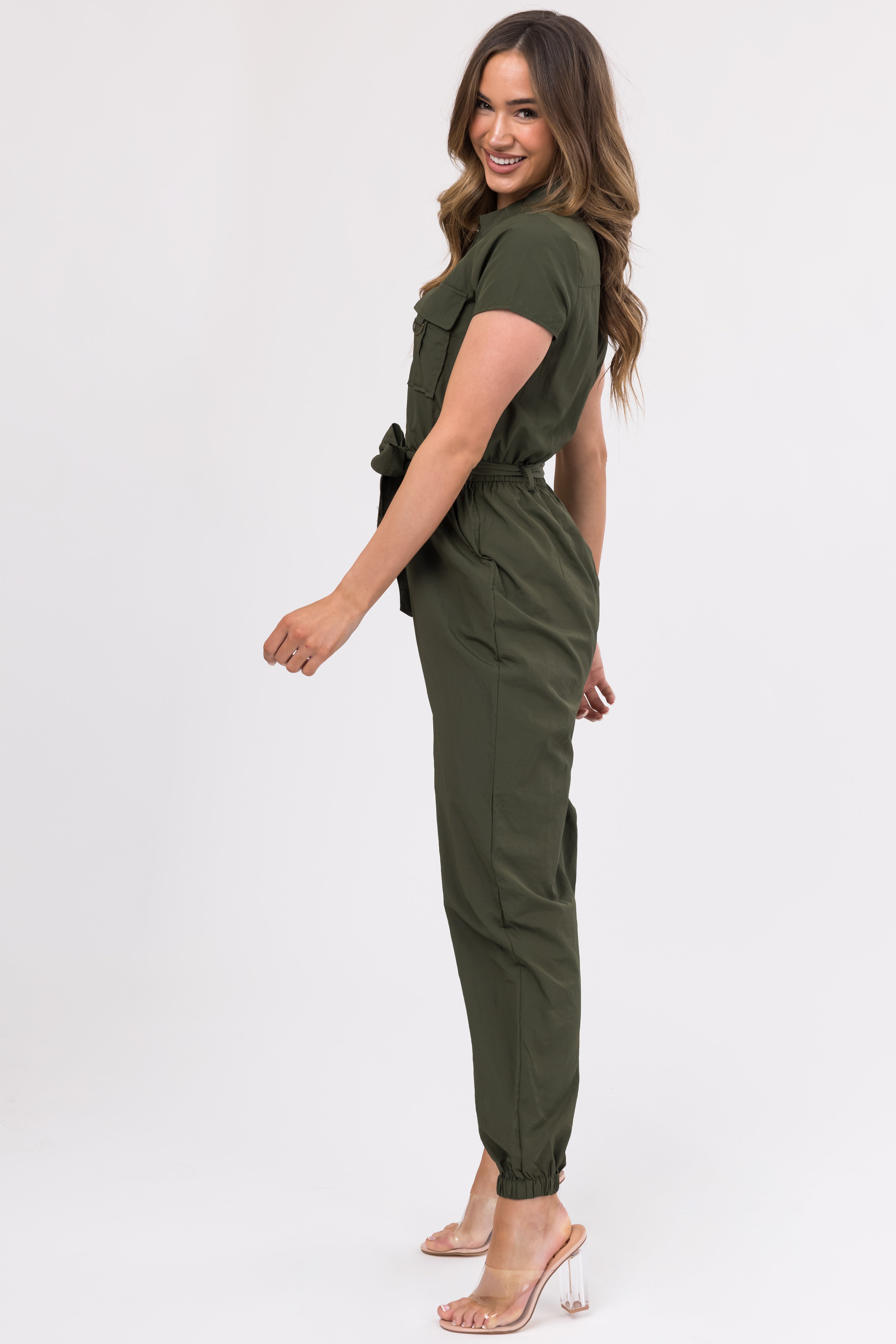 Army Green Zip Up Waist Tie Collared Jumpsuit