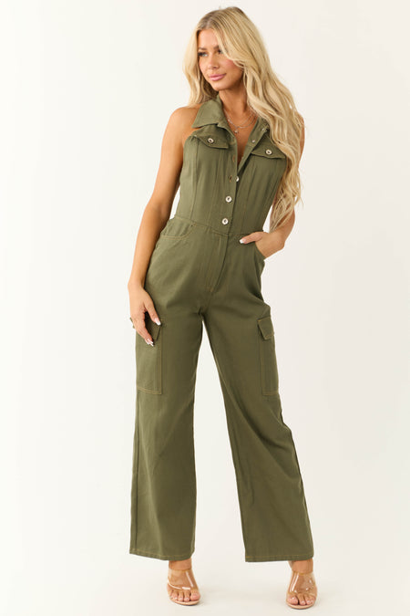 Army Halter Button Up Denim Cargo Jumpsuit