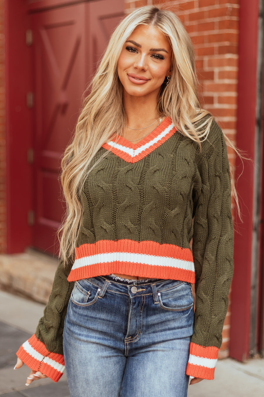 Army Green Knit Contrast Stripe Trim Sweater