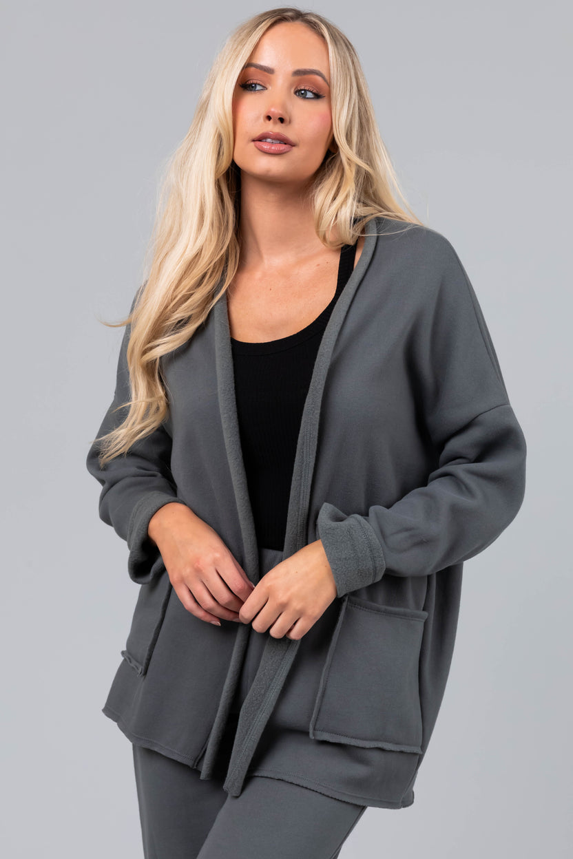 Ash Grey Fleece Open Front Cardigan