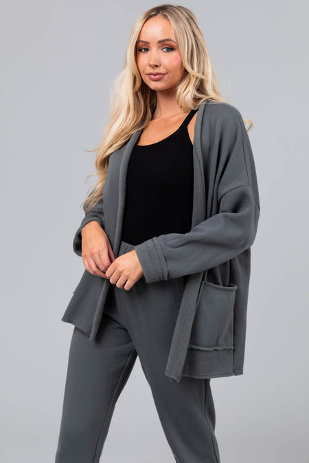 Ash Grey Fleece Open Front Cardigan