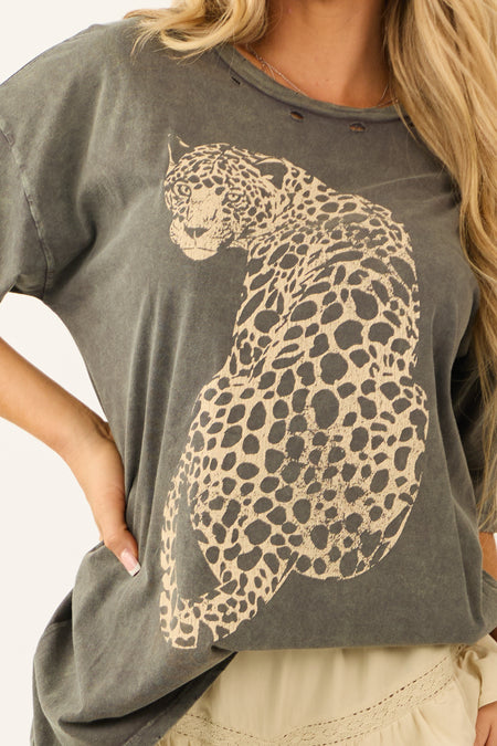 Ash Mineral Wash Leopard Graphic Half Sleeve Top