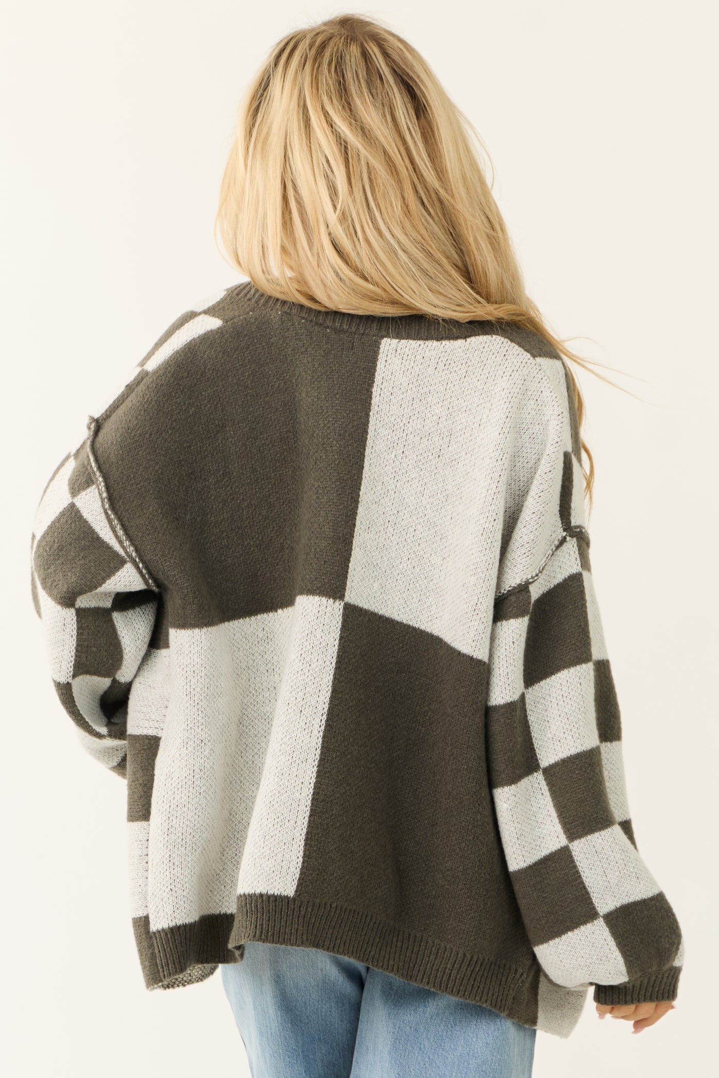 Ash and White Abstract Checkered Oversized Cardigan