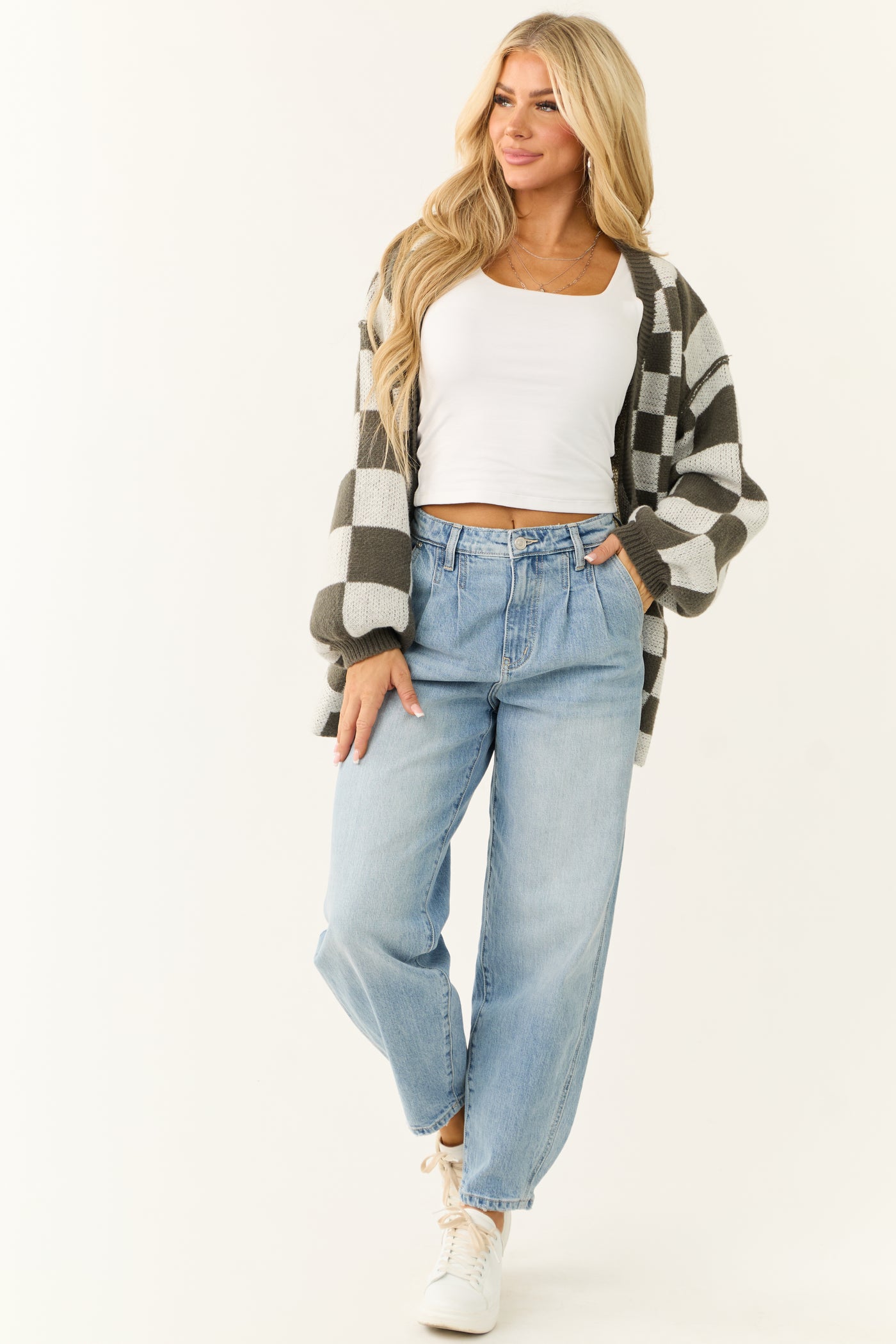 Ash and White Abstract Checkered Oversized Cardigan