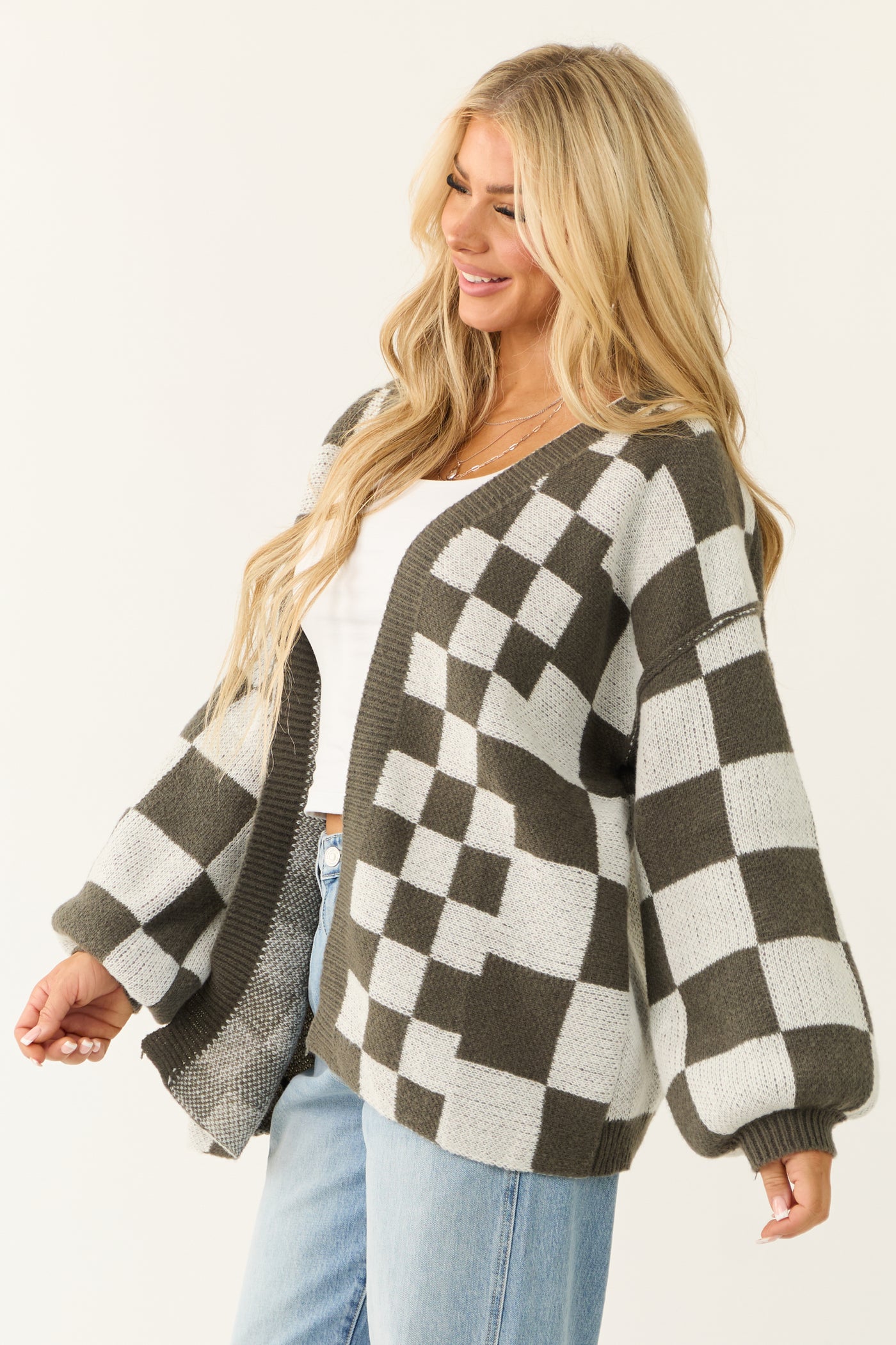 Ash and White Abstract Checkered Oversized Cardigan