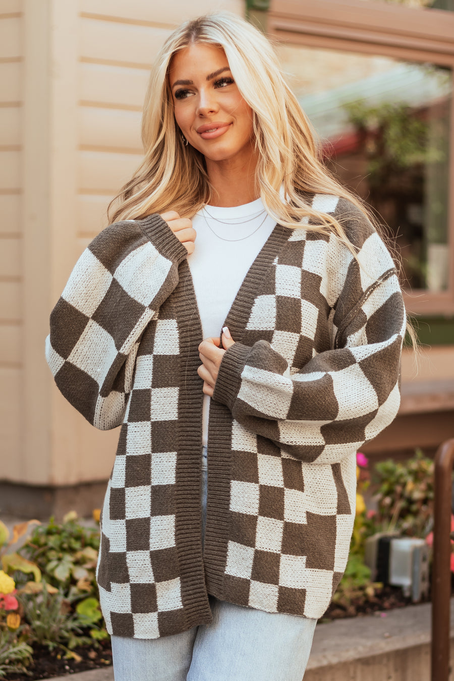 Ash and White Abstract Checkered Oversized Cardigan