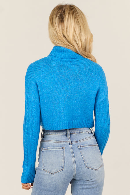 Azure Cropped Cable Knit Turtleneck Sweater