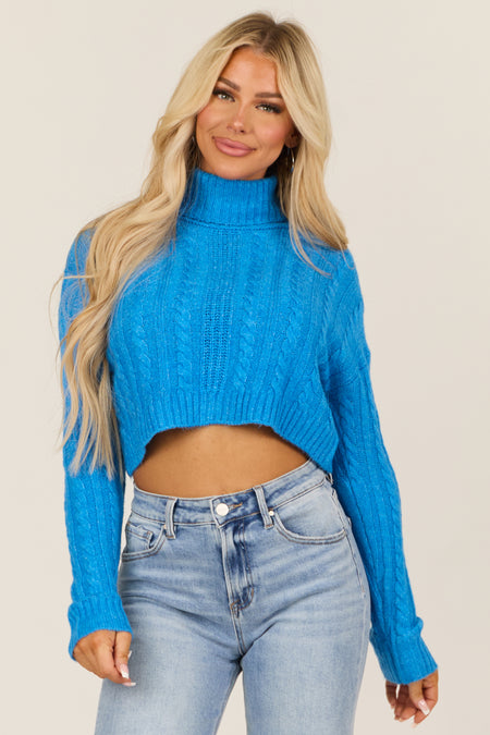 Azure Cropped Cable Knit Turtleneck Sweater