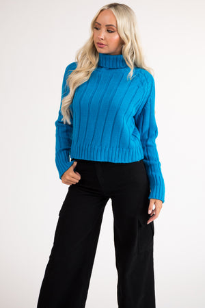 Azure Cropped Ribbed Cable Knit Sweater