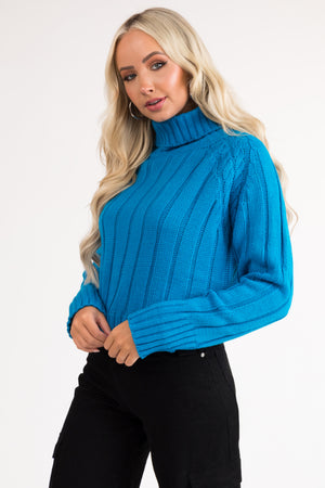 Azure Cropped Ribbed Cable Knit Sweater