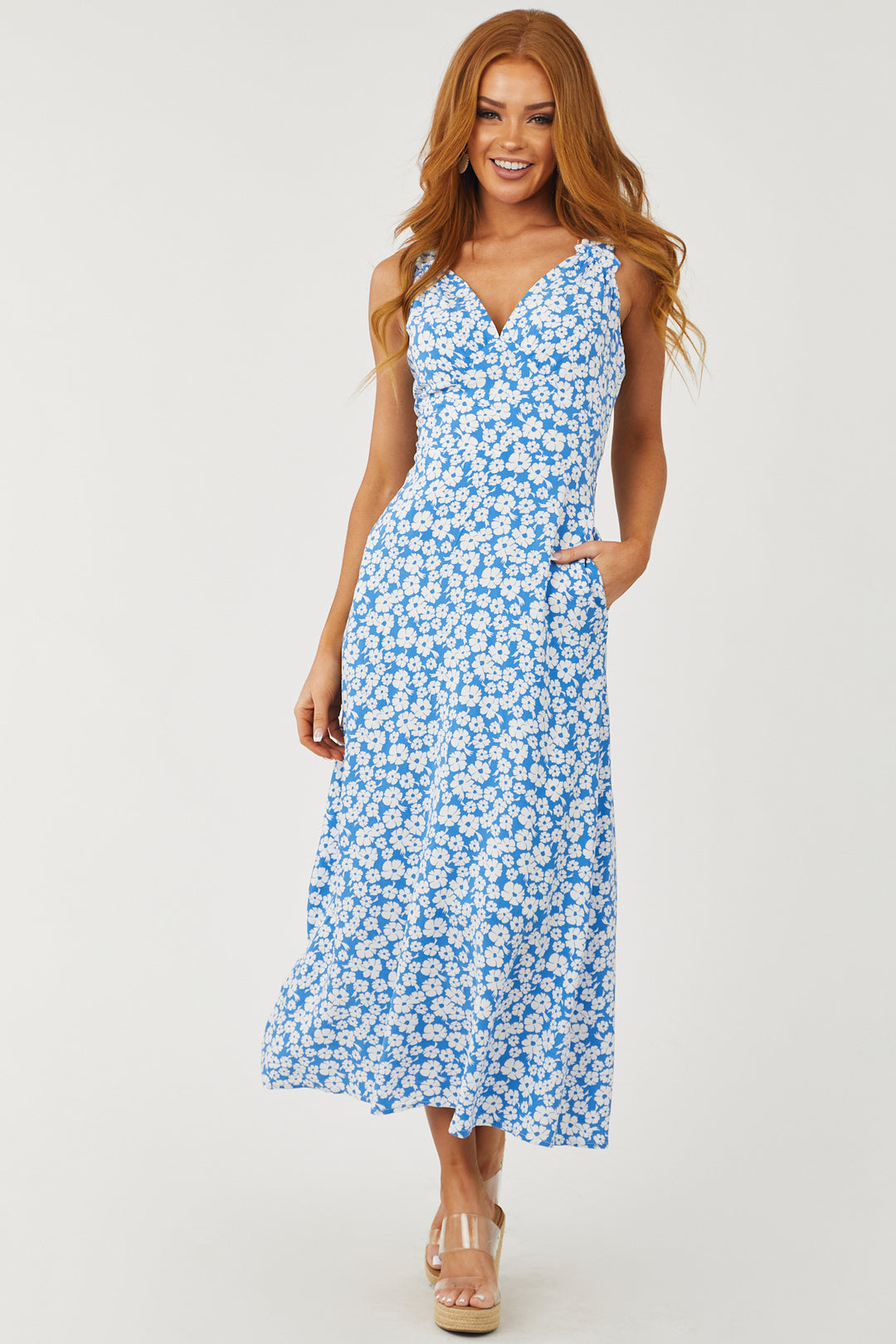 Azure Ditsy Floral V Neck Midi Dress with Pockets & Lime Lush