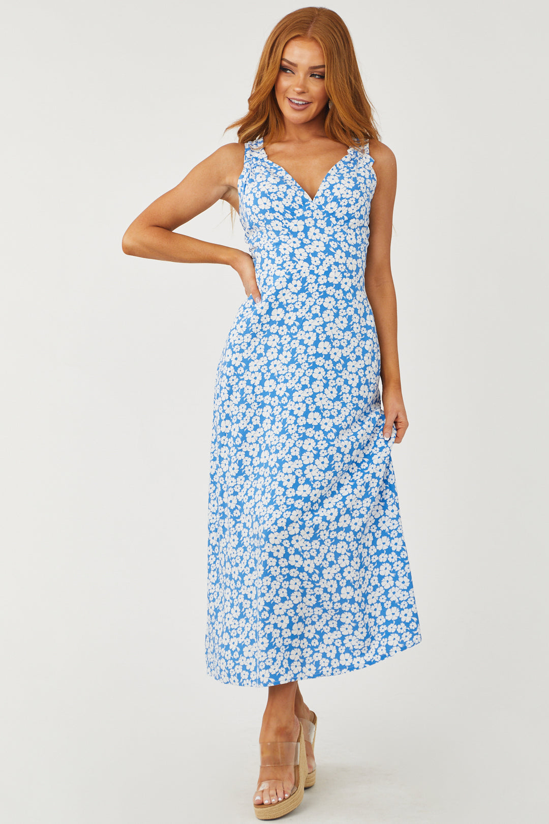 Azure Ditsy Floral V Neck Midi Dress with Pockets & Lime Lush