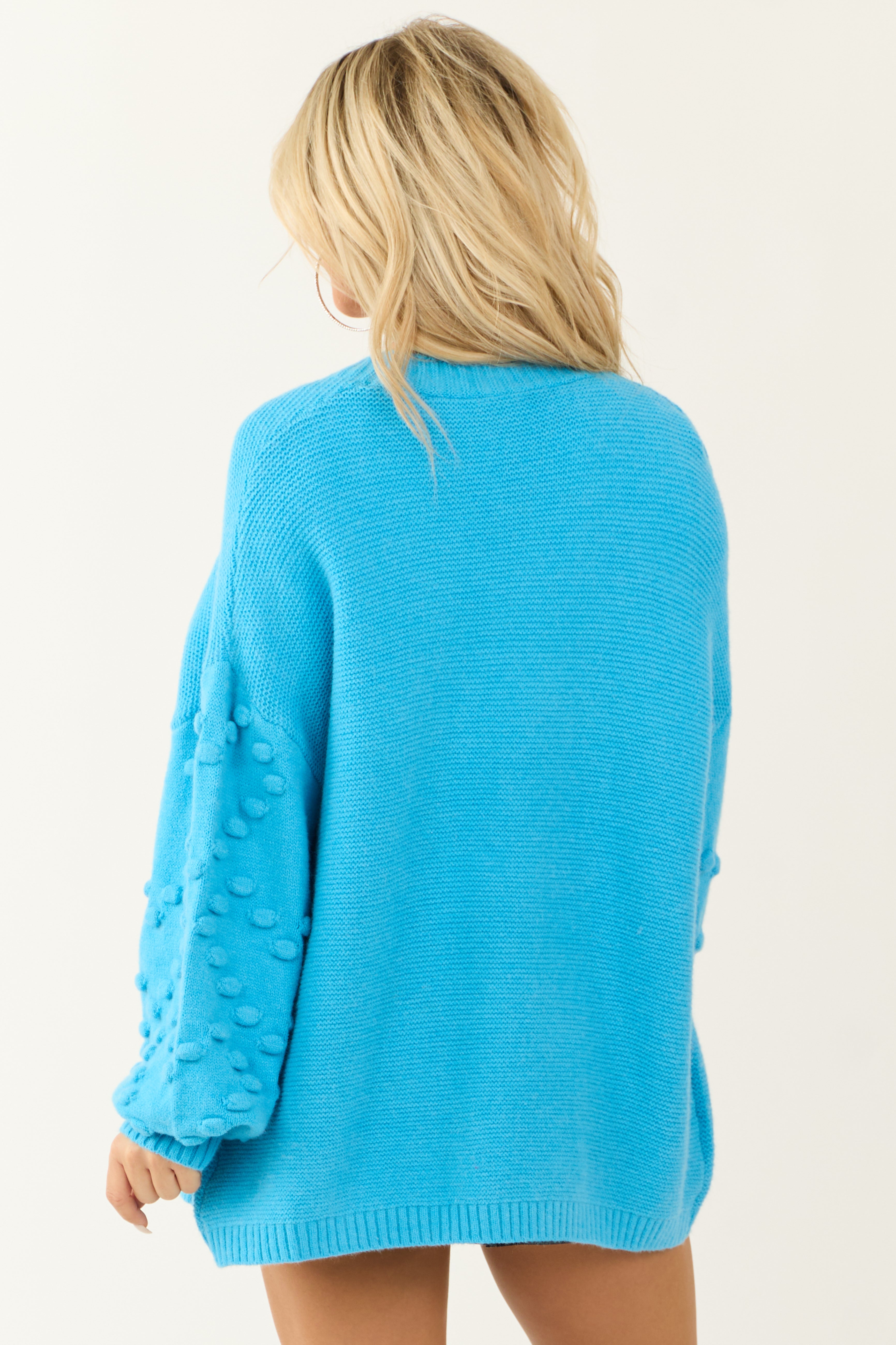 Azure Open Front Pom Pom Sleeve Detail Cardigan