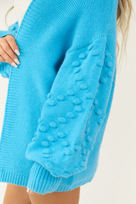 Azure Open Front Pom Pom Sleeve Detail Cardigan