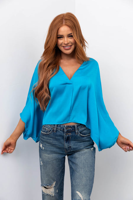 Azure Satin Kimono Sleeve V Neck Crop Top