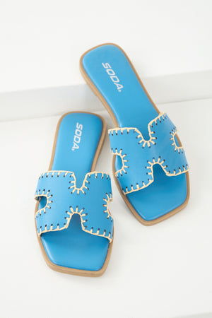 Azure Straw Trim Cut Out Strap Slide Sandals