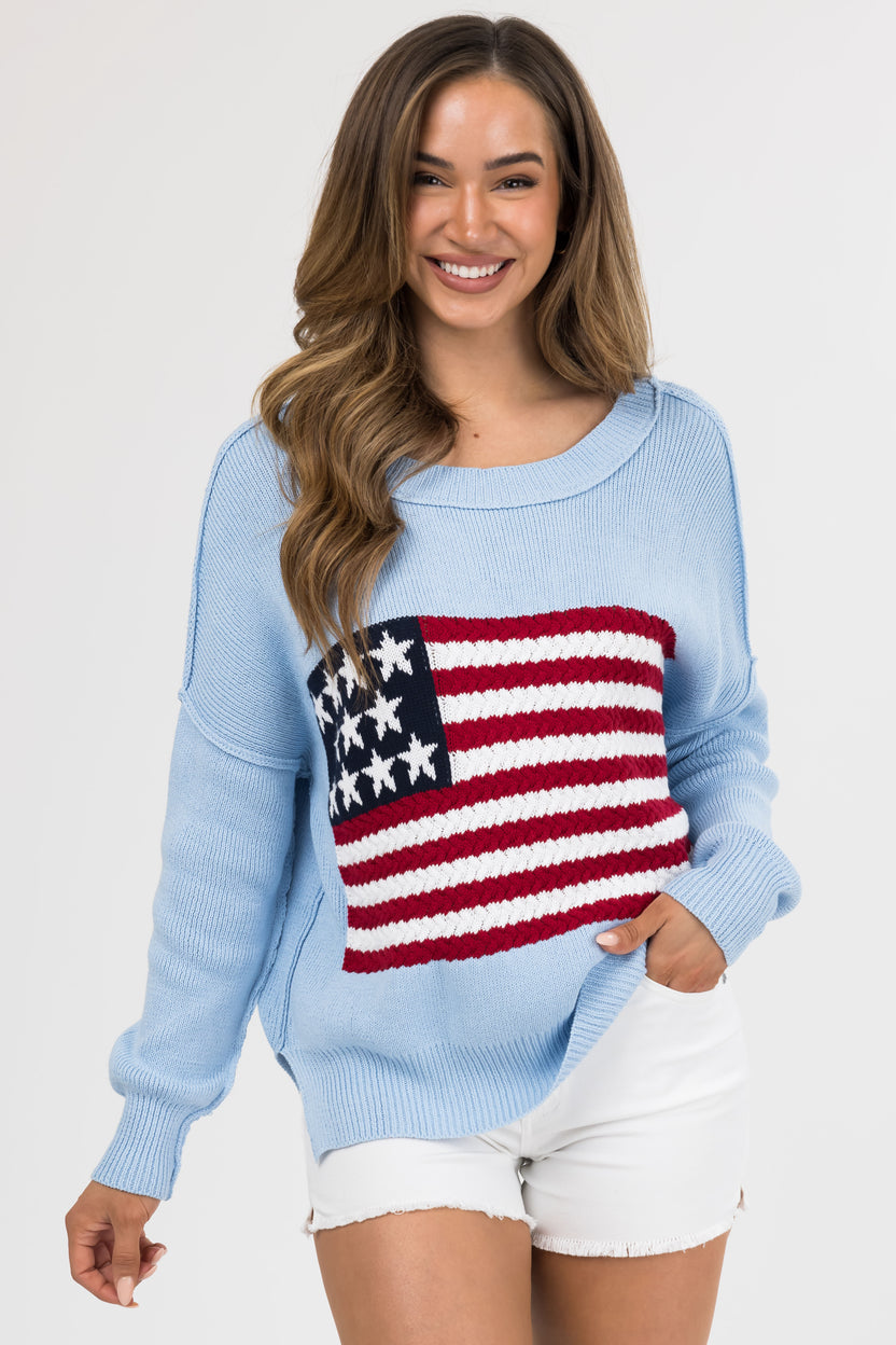 Baby Blue American Flag Crochet Knit Sweater